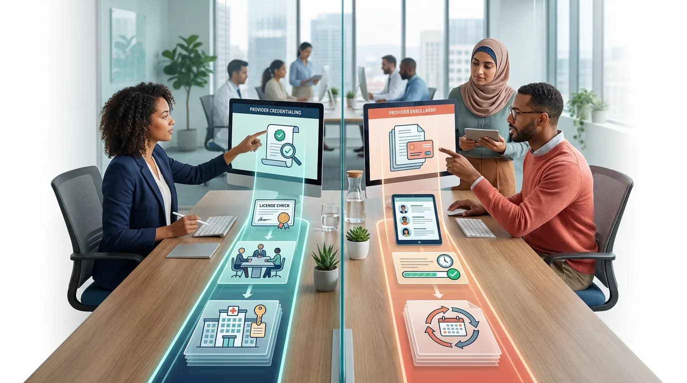 Provider Credentialing vs Enrollment Jobs: Decode the Workflow illustration for Health Admin Jobs